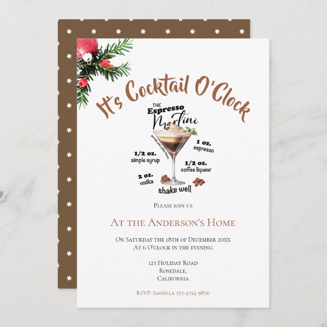 It's Cocktail O'Clock Christmas Party Brown Drink Invitation (Front/Back)