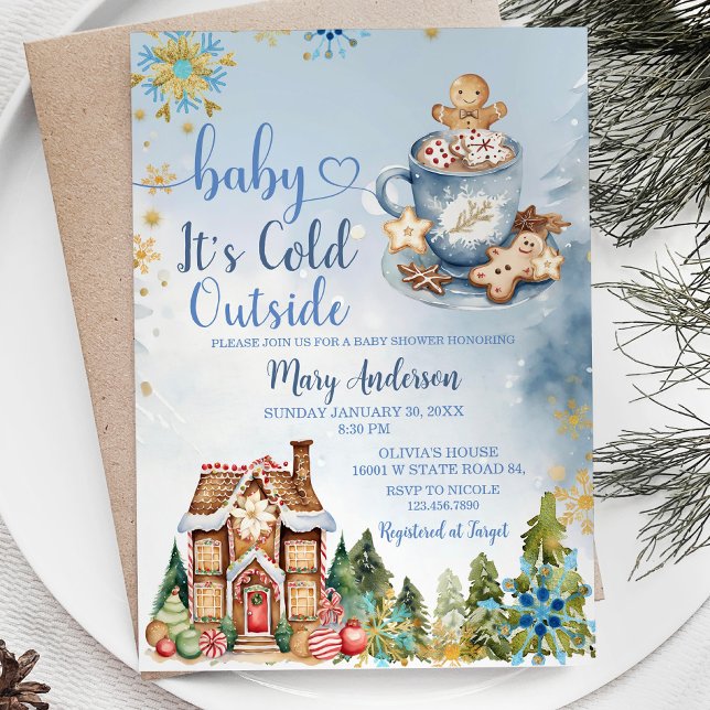 It's Cold Outside Blue Gingerbread Baby Shower Invitation (Creator Uploaded)