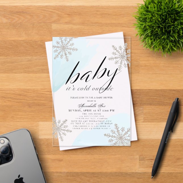 It's Cold Outside Blue Watercolor Baby Shower Acrylic Invitations (Insitu (Invitation Card))