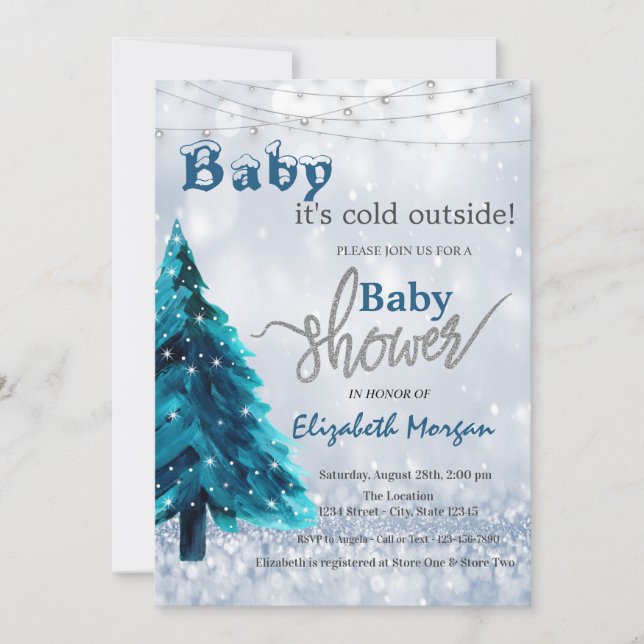 It's Cold Outside Pine Tree Bokeh Baby Shower In Invitation (Front)
