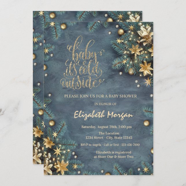 It's Cold Outside Pine Tree Branches Baby Shower  Invitation (Front/Back)