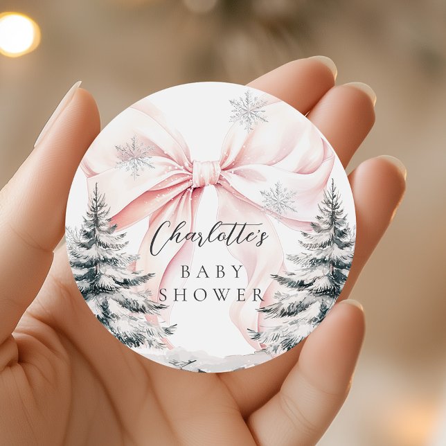 It's Cold Outside Pink Bow Baby Shower Classic Round Sticker (Creator Uploaded)