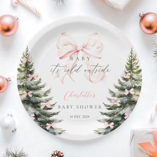 It's Cold Outside Pink Bow Baby Shower Paper Plate