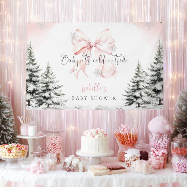 It's Cold Outside Pink Bow Baby Shower Party Banner (Creator Uploaded)