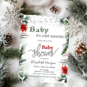 It's Cold Outside Poinsettia Branches Baby Shower Acrylic Invitations