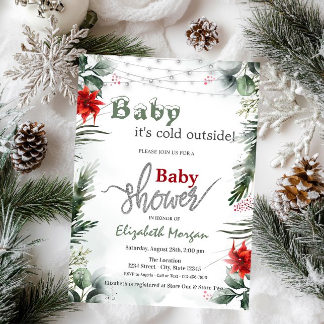 It's Cold Outside Poinsettia Branches Baby Shower  Acrylic Invitations (Creator Uploaded)
