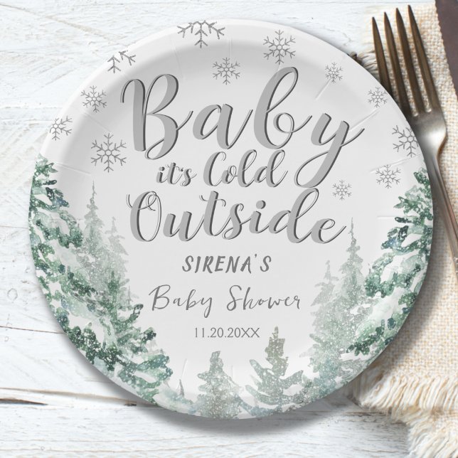 It's Cold Outside Silver Forest Winter Baby Shower Paper Plate (Creator Uploaded)