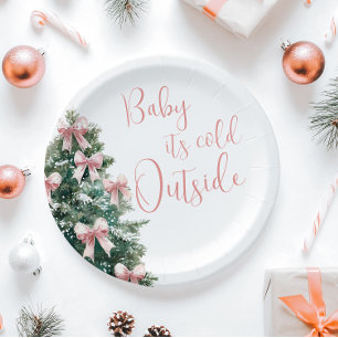 It's Cold Outside Winter Pink Bow Girl Baby Shower Paper Plate