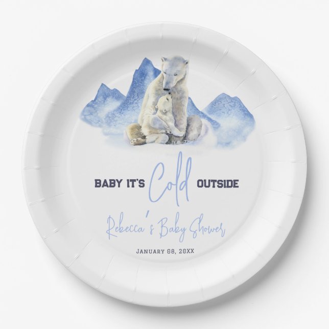 It's Cold Outside Winter Polar Bear Baby Shower Paper Plate (Front)