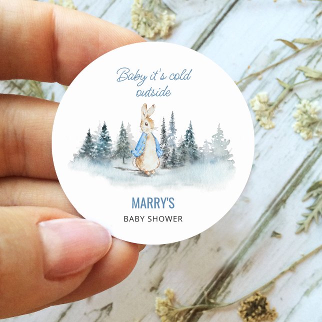 It's cold outside Winter Rabbit Baby Shower Classic Round Sticker (Creator Uploaded)