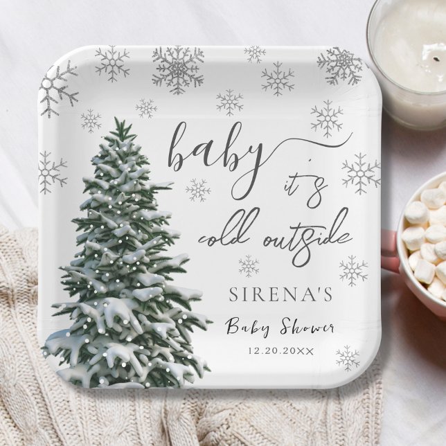 It's Cold Outside | Winter Tree Grey Baby Shower Paper Plate (Creator Uploaded)