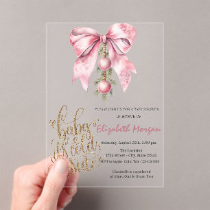 It's Cold Pink Bow Christmas Balls Baby Shower   Acrylic Invitations