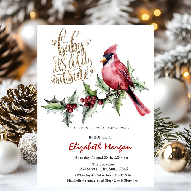 It's Cold Red Cardinal Holly Berry  Baby Shower   Invitation (Creator Uploaded)