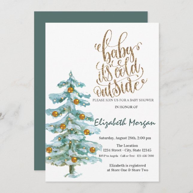 It's Cold Watercolor Pine Tree Baby Shower   Invitation (Front/Back)