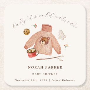 It's Cold Winter Camping Clothes Baby Shower Square Paper Coaster
