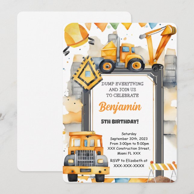 It's Construction Birthday  Invitation (Front/Back)