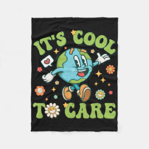 It's Cool To Care Earth Day Retro Groovy Teacher K Fleece Blanket