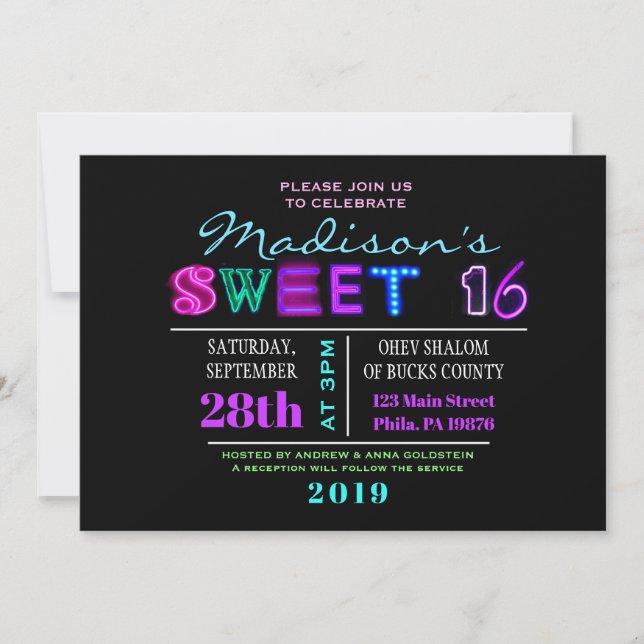 IT'S ELECTRIC! NEON GLOW Sweet Sixteen Invitation (Front)