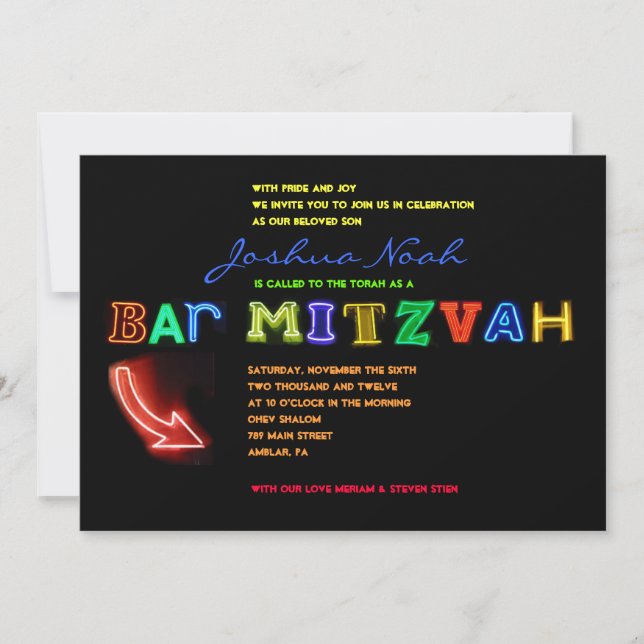 IT'S ELECTRIC!  NEON SIGN Bar Mitzvah Invitation (Front)