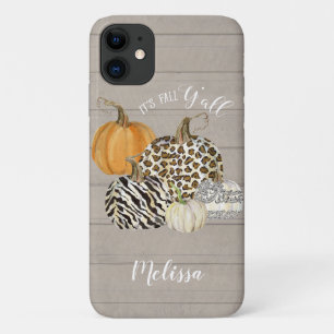 Its Fall Y'all Leopard Zebra Pumpkins w Grey Wood iPhone 11 Case