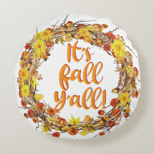 It's Fall Y'all Orange Autumn Leaves Round Cushion