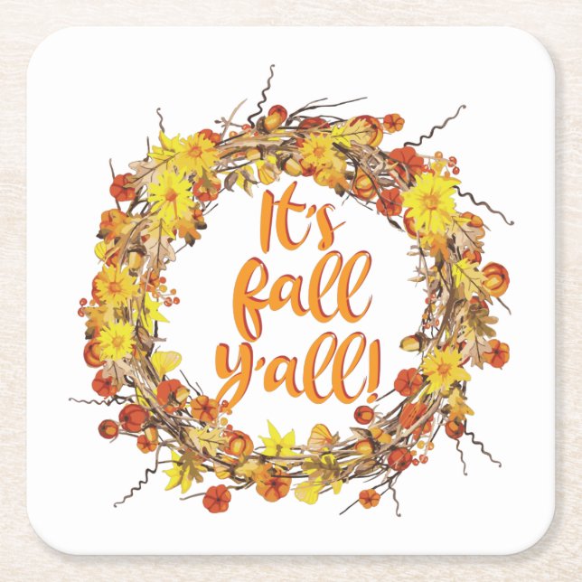 It's Fall Y'all Orange Autumn Leaves Square Paper Coaster (Front)