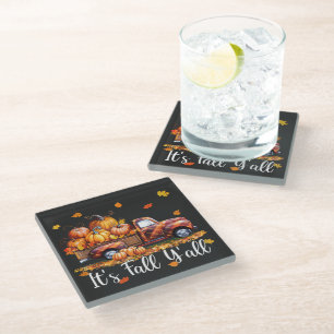 It's Fall Y'all Pumpkin Truck Autumn Tree Fall Glass Coaster