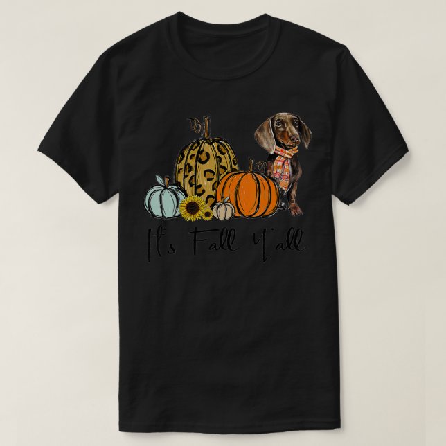 Its Fall Yellow Dachshund Dog Leopard Pumpkin Fall T-Shirt (Design Front)