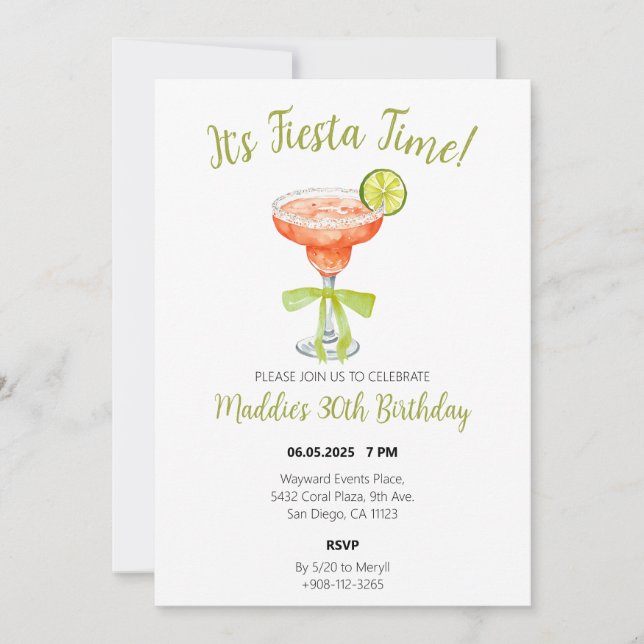 It's Fiesta Time Watercolor Strawberry Margarita Save The Date (Front)