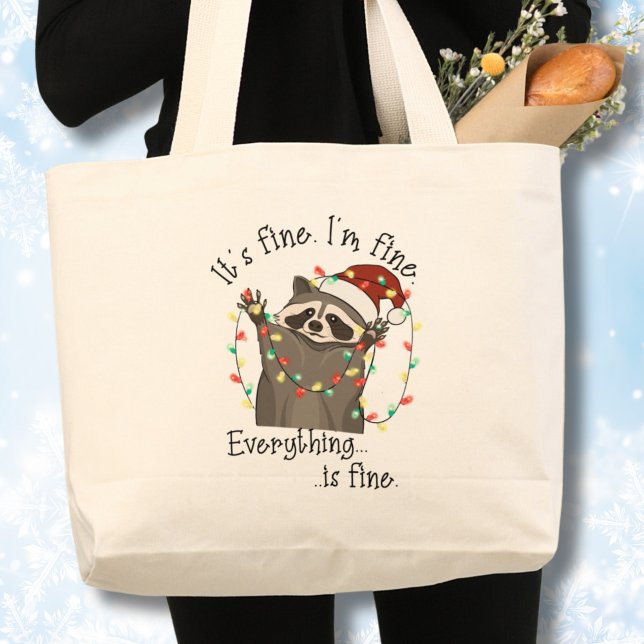 It's Fine, I'm Fine, Funny Christmas Large Tote Bag (Raccoon in trouble with Christmas lights, funny I'm fine,It's fine tote bag)