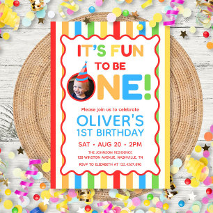 Its Fun To Be One Colourful 1st Birthday Photo Invitation
