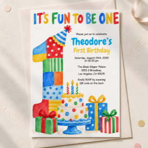 It's Fun to Be One Colourful Boys First Birthday Invitation