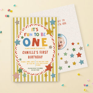 It's Fun to Be One Colourful Photo 1st Birthday Invitation