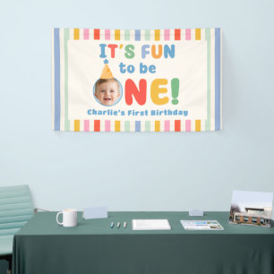 It's Fun To Be One Colourful Stripe Birthday Banne Banner
