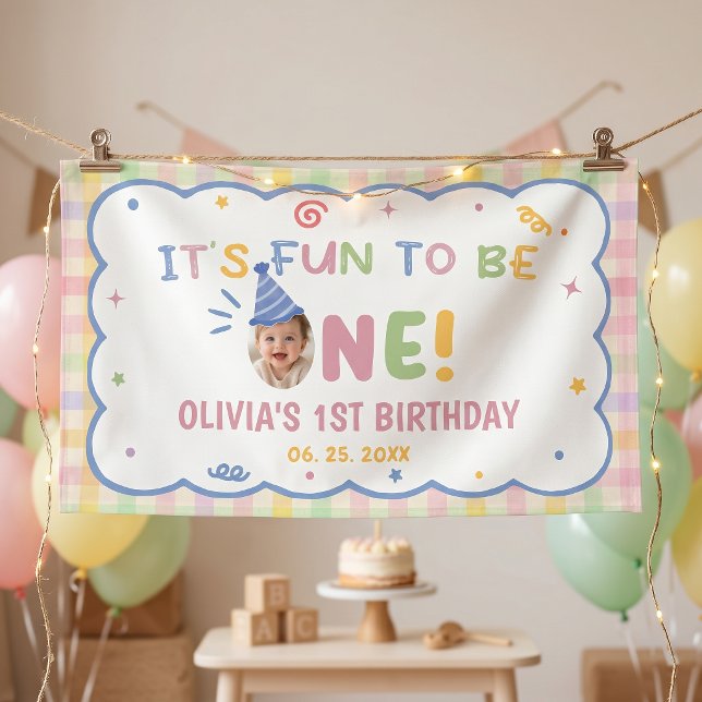 It's Fun to be One Pastel Gingham Birthday Banner (Creator Uploaded)