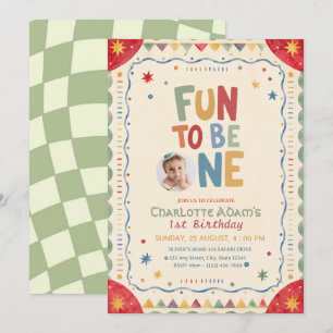 Its Fun To Be One Photo Colourful 1st Birthday Invitation