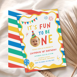 It's Fun To Be One Photo Colourful 1st Birthday Invitation