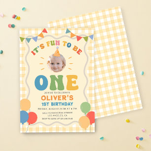 Its Fun To Be One Photo Colourful 1st Birthday Invitation