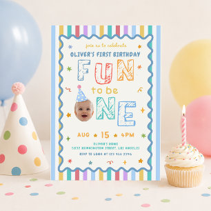 Its Fun To Be One Photo Colourful 1st Birthday Invitation