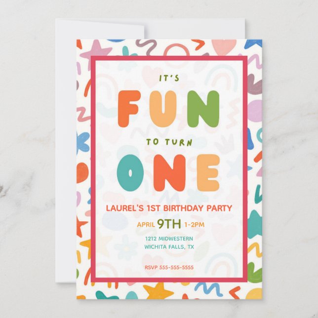 IT'S FUN TO TURN ONE SQUIGGLE FIRST BIRTHDAY  INVITATION (Front)