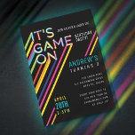 It's Game On Colorful Neon Laser Tag Birthday Invitation<br><div class="desc">Challenge and invite your party guests to a game of laser tag with our fun, bright and cool laser tag themed birthday party invitation. The design features a color typographic design "It's Game On" with beams of bright multiple coloured lights shooting off from the text. The black background sets the...</div>