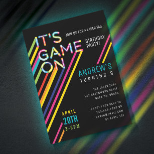 It's Game On Colorful Neon Laser Tag Birthday Invitation
