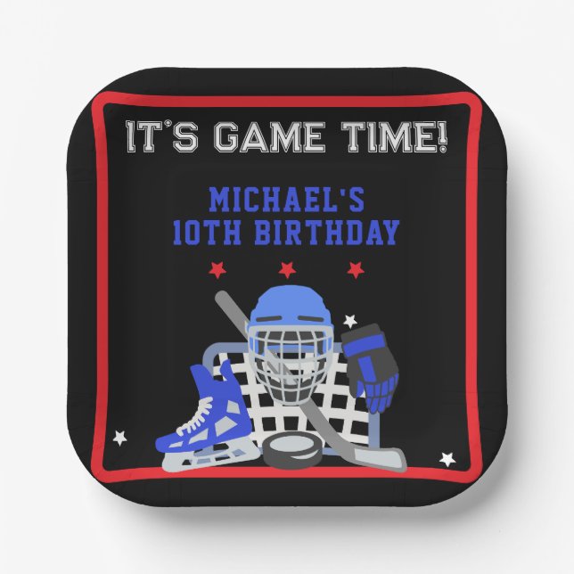 IT'S GAME TIME HOCKEY BIRTHDAY  PAPER PLATE (Front)