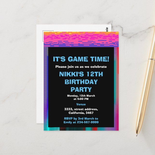 Its Game Time Kids Pixelated Gaming Birthday  Postcard (Front/Back In Situ)