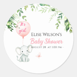 It's girl! Cute little elephant baby with balloon Classic Round Sticker