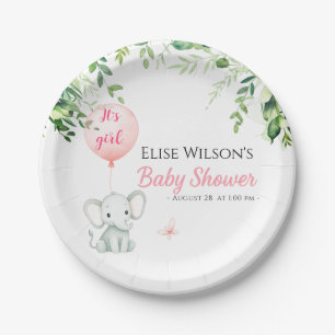 It's girl! Cute little elephant baby with balloon Paper Plate