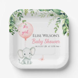 It's girl! Cute little elephant baby with balloon Paper Plate