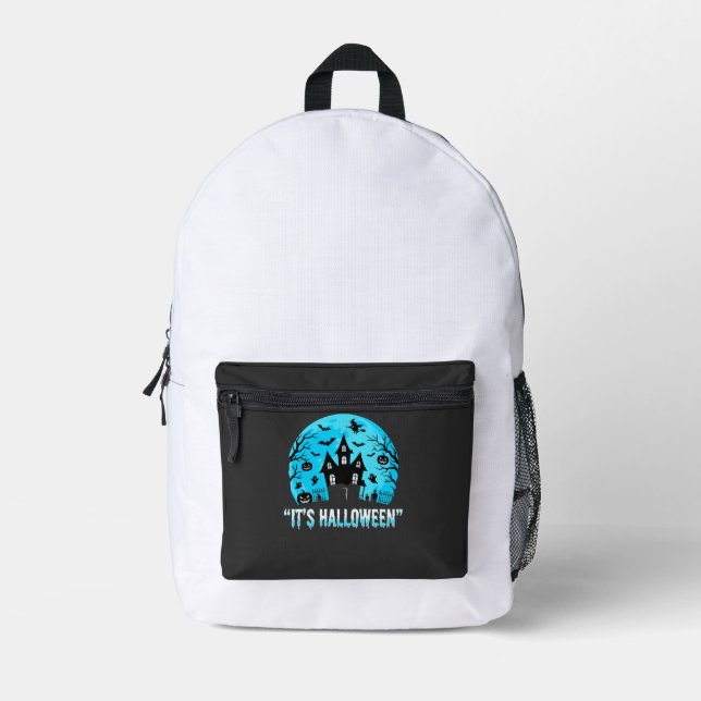 It's Halloween Haunted House Bat Design Printed Backpack (Front)