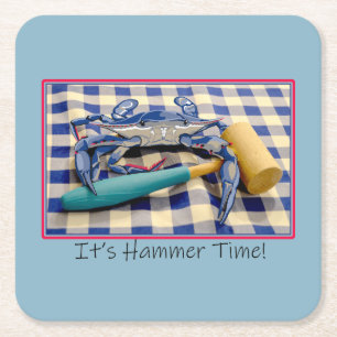 It's Hammer Time Blue Crab with Hammer on Gingham Square Paper Coaster