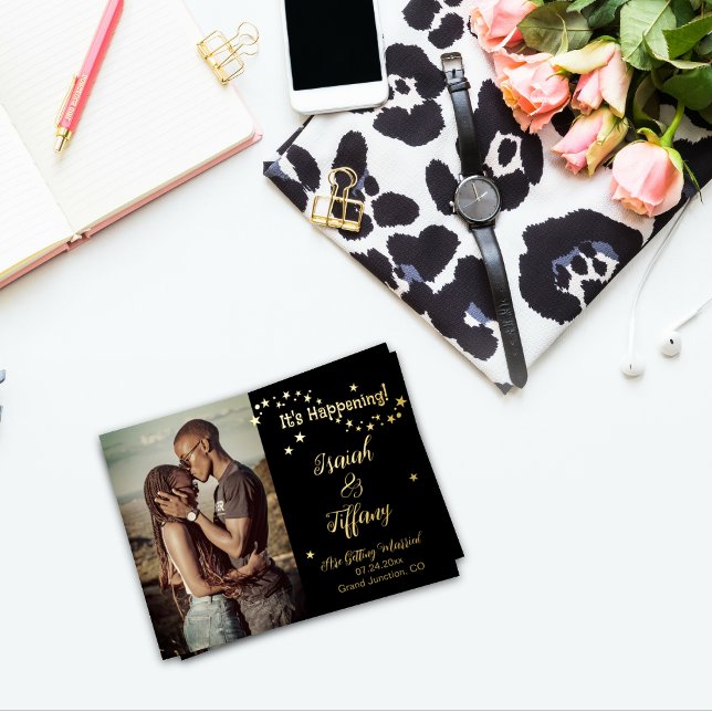 It's Happening Star-Studded Save the Date Photo Foil Invitation Postcard (Creator Uploaded)